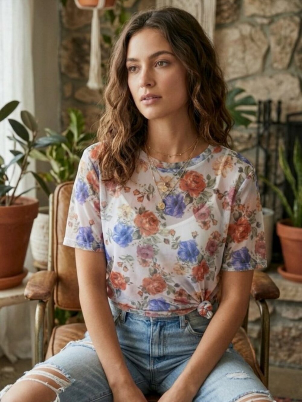 Mind Code Floral Mesh Top Sheer Lettuce Edge Trendy Rose Print Multi Size M